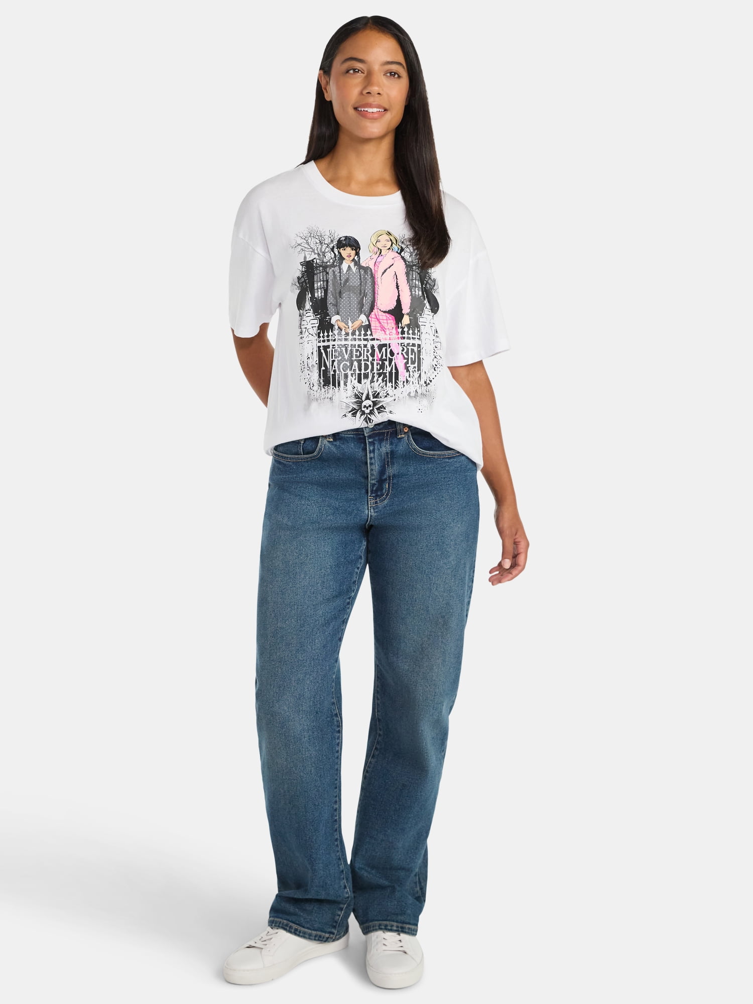 Wednesday Addams Women’s Nevermore Academy Cotton Graphic Tee with Short Sleeves, Sizes XXS-2XL