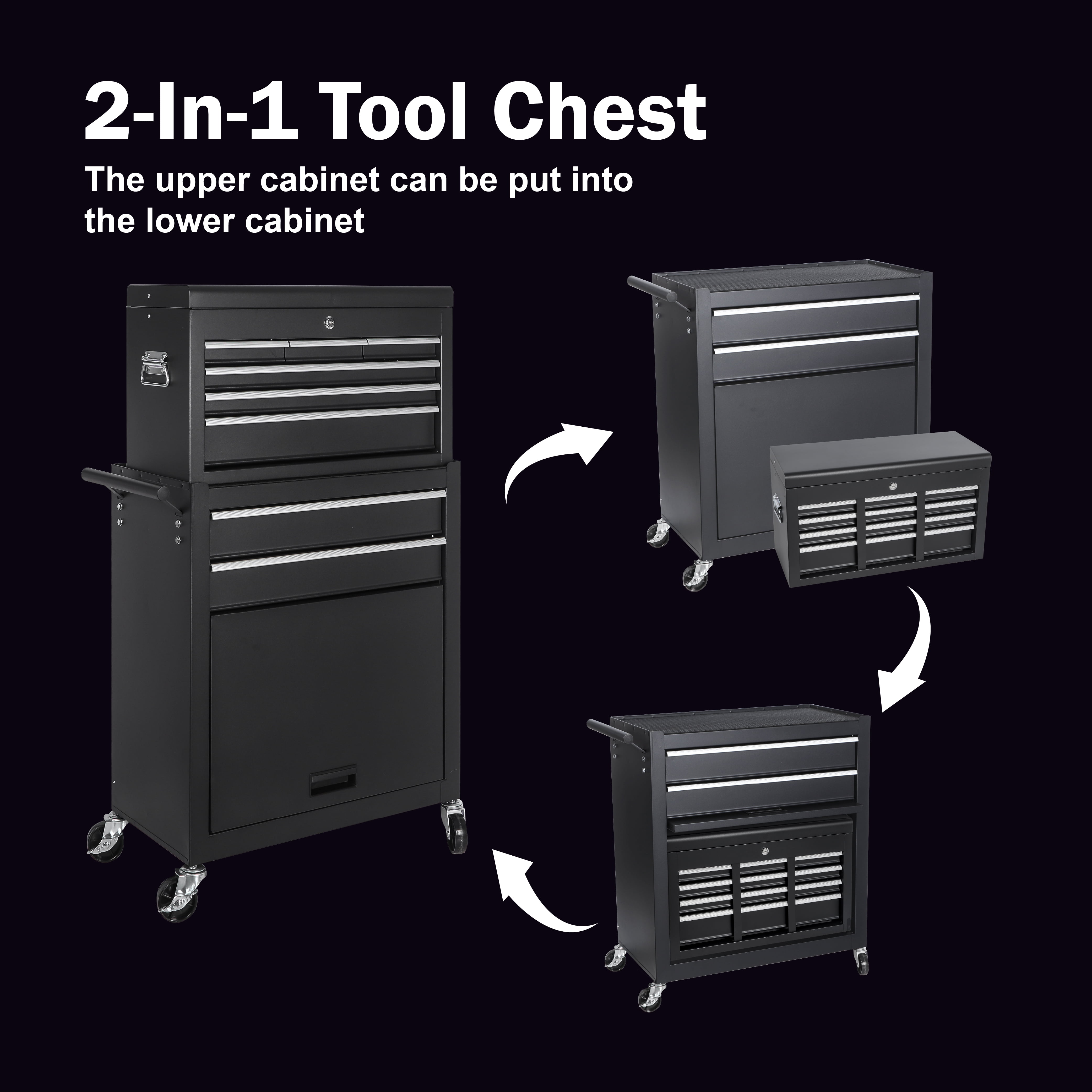 8-Drawer Rolling Tool Chest,Metal Tool Storage Cabinet with Detachable 2-in-1 Top Tool Box,Lockable Casters, Side Hooks, Lockable Drawers with Liners, Mobile Tool Cart for Garage, Workshop,Black