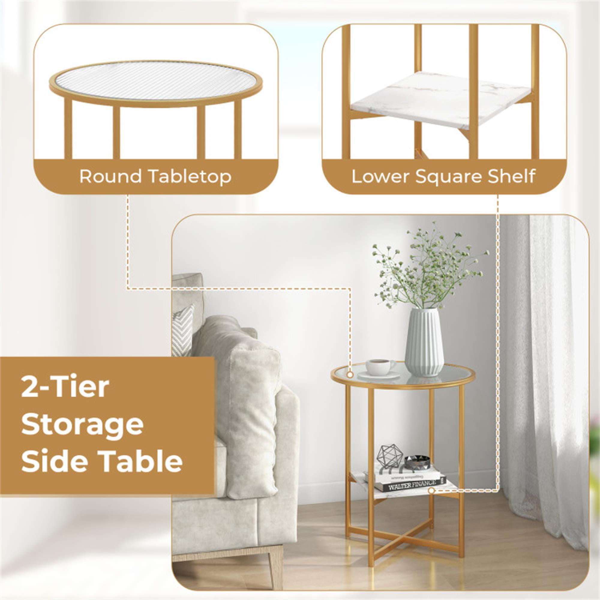 Demi Bonn 3-Piece Coffee Table Set, Rectangular Modern Coffee Table with Gold Print Metal Frame & 2-Tier Glass End Table Set of 2 with Faux Marble Storage Shelf, for Living Room, White