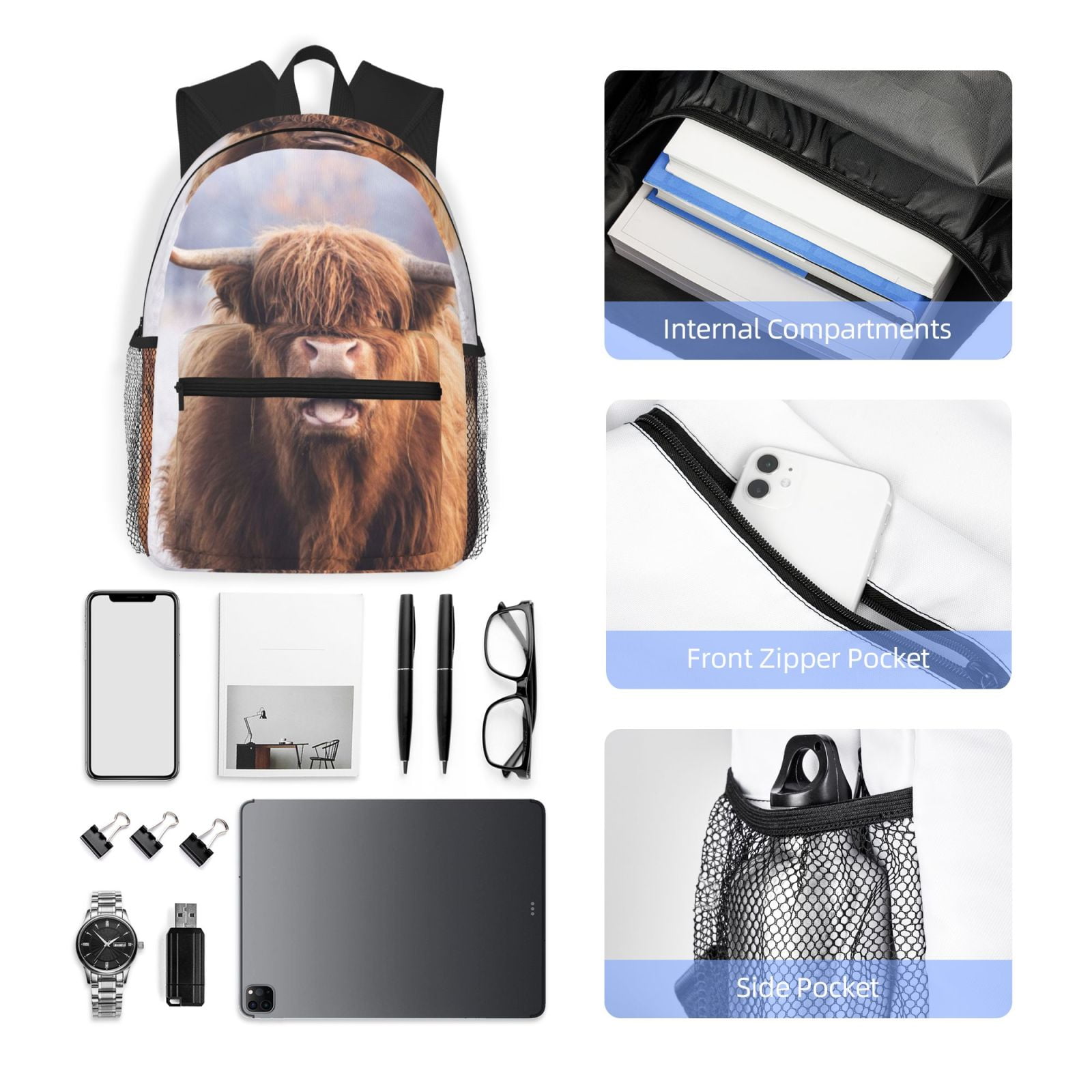 Ratiio Cow Print Casual Backpack for Men and Women, Water Resistant Oxford Fabric School Bag Lightweight Travel Daypack