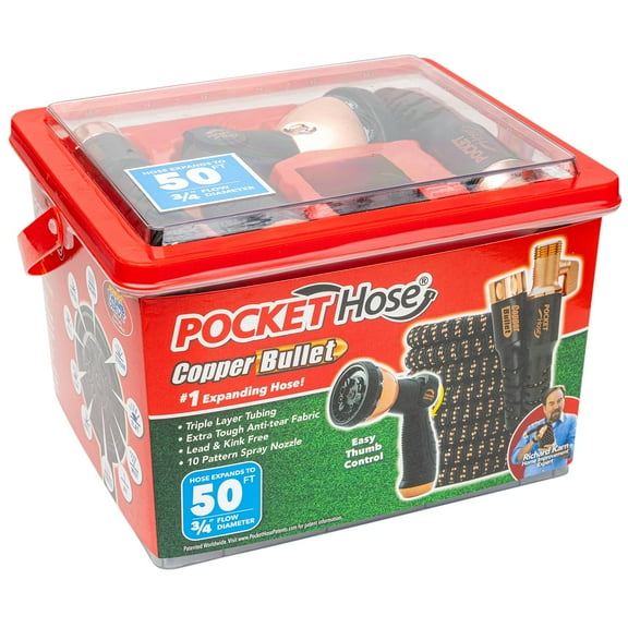 Copper Bullet by Pocket Hose, 3/4" x 50 ft Expandable Garden Hose with Thumb Spray Nozzle