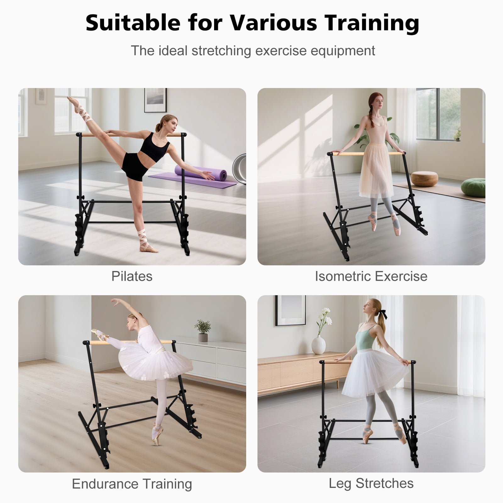 Solid Wood Ballet Barre 3.5FT with Adjustable Height 31.5-39.5 Inches, Portable Dance Practice Barre with Wheels for Home, Studio, Adjustable, Black