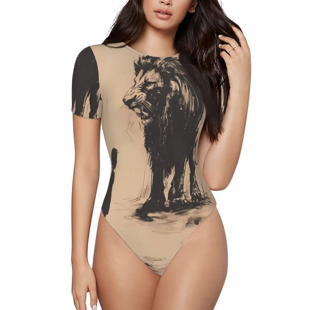 Fotbe Child And Lion Sketch Body de Mujer con Cuello Redondo y Mangas Cortas, Sin Mangas Ajustado, Suave, Cómodo y Básico-X-Large