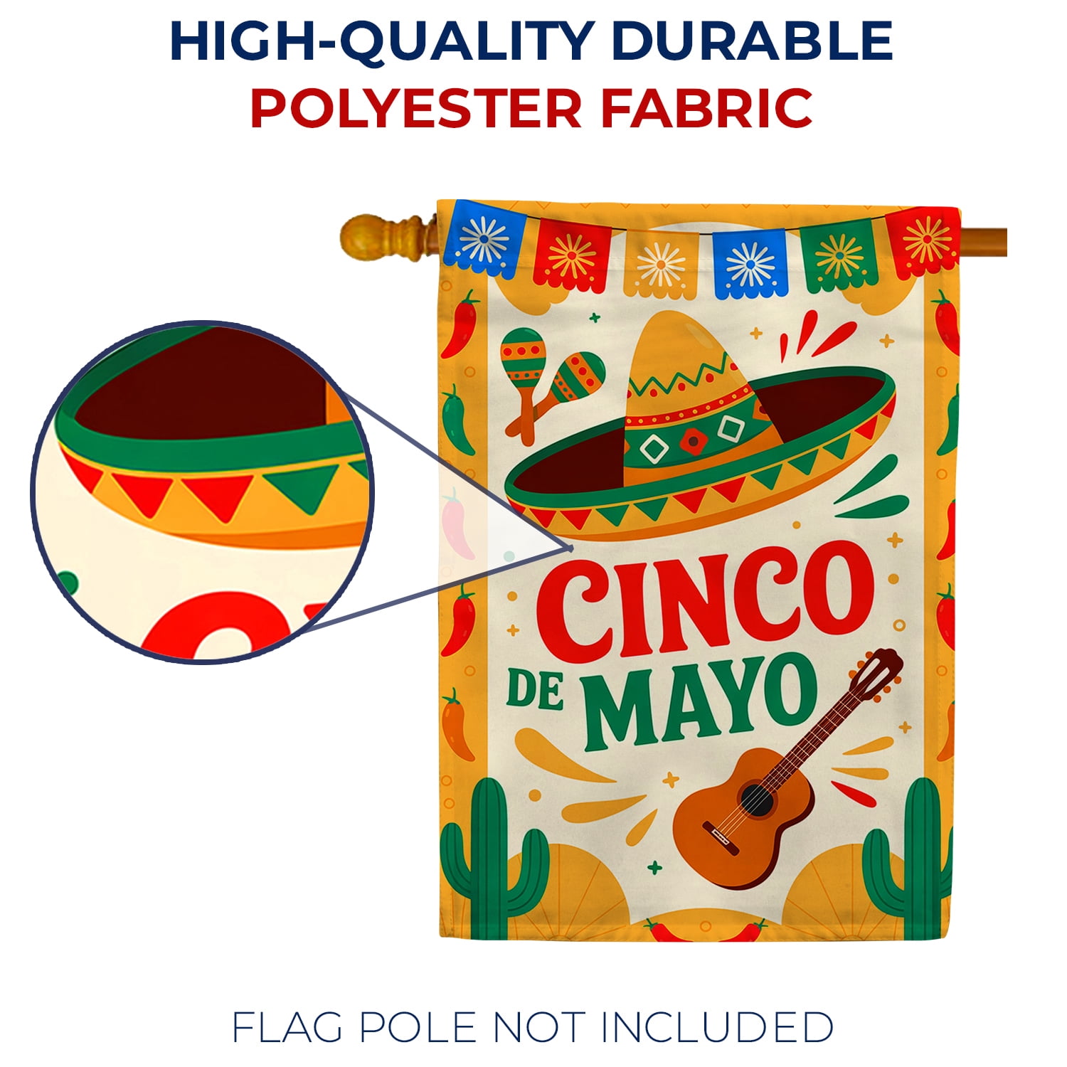 America Forever Cinco de Mayo Sombrero House Flag, 28 x 40 inch Double Sided, Mexican Fiesta Banner, Guitar Maraca Papel Picado Celebration Outdoor Yard Decorations