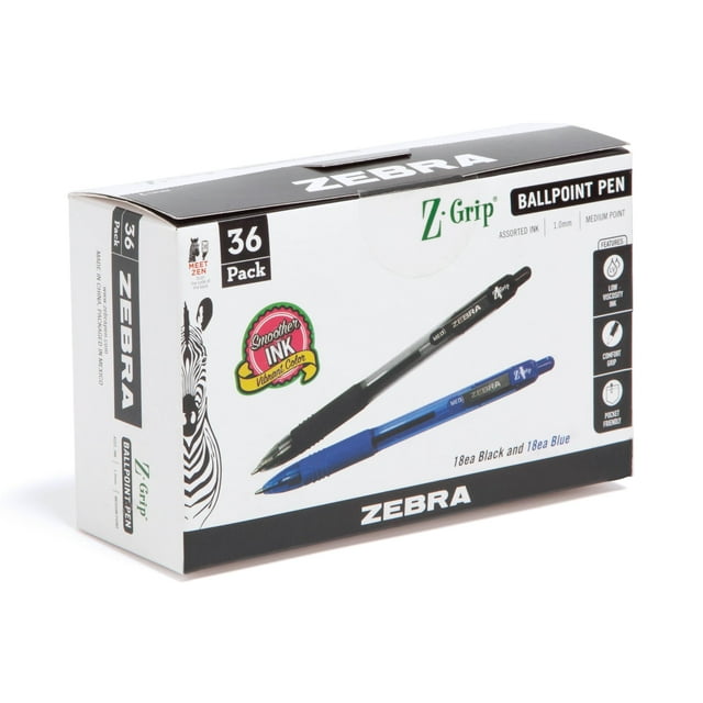 Bolígrafo Zebra Z-Grip retráctil, tamaño mediano, 1.0 mm, paquete de 36