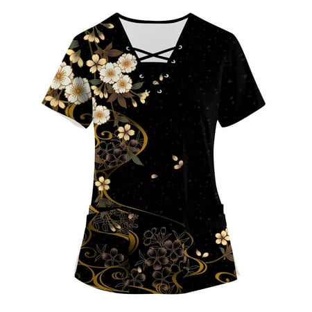 

BIZIZA Plus Size Scrubs for Women Loose Fit V Neck Printed Uniform Oversized Hollow with Two Pocket Short Sleeve Cute Spring Tops for Women Tunic Black L