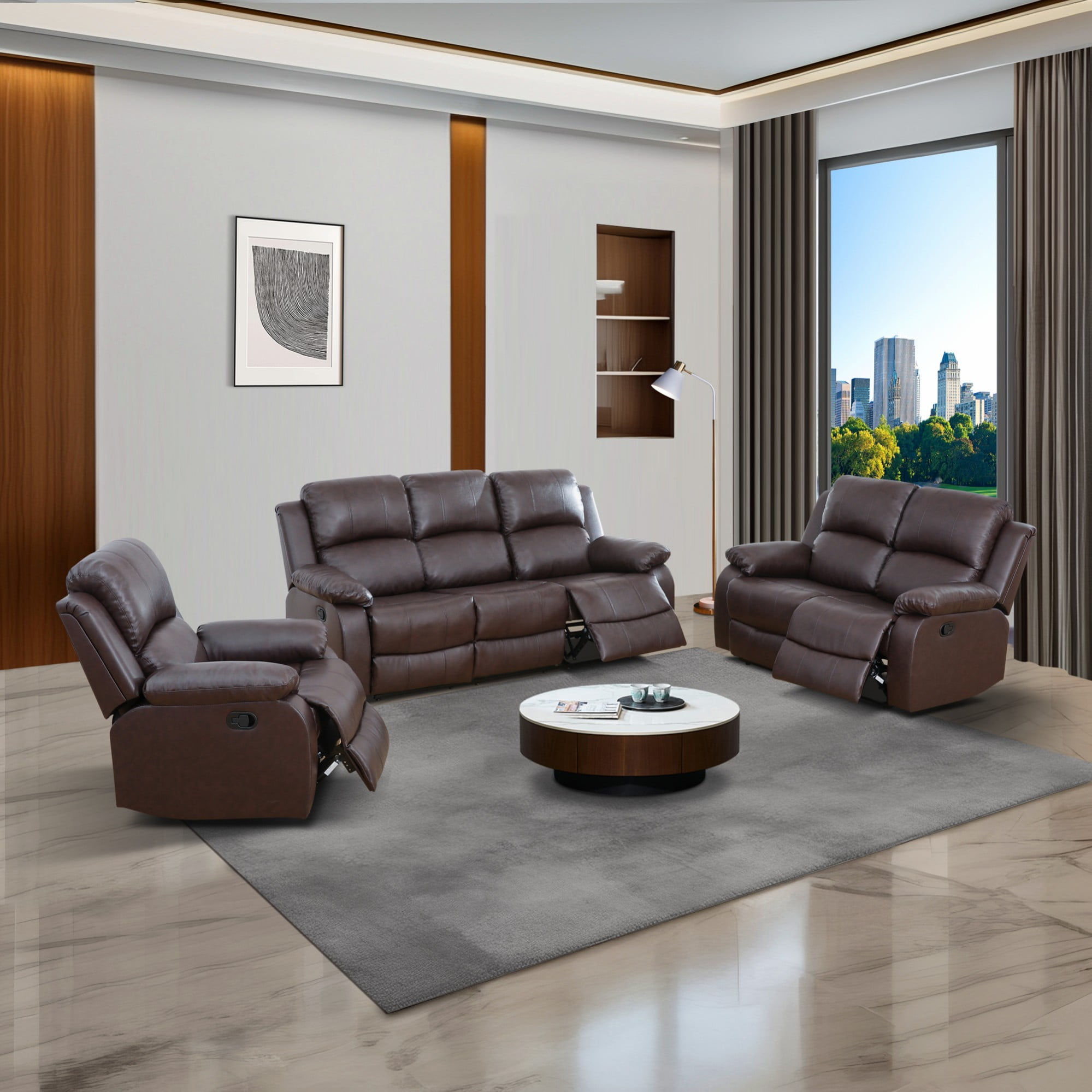 Gewnee Brown 3-Piece Living Room Recliner Sofa Set,Air Leather Upholstery