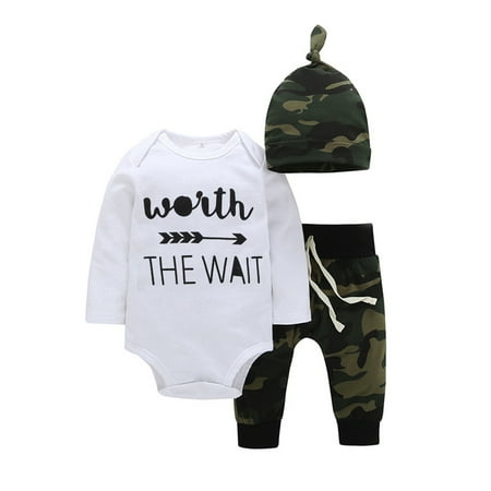 

EHTMSAK Newborn Infant Baby Toddler Boy Long Sleeve Outfits Letter Print Bodysuit and Pants Set Clothing Set with Hat Army Green 0-2Y 90