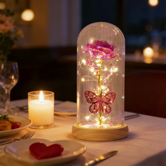 Luz de noche de rosa preservada con mariposas LED multicolores brillantes en cúpula de cristal | Regalo de cumpleaños para San Valentín para mujeres, esposas, novias y mamás | Decoración romántica
