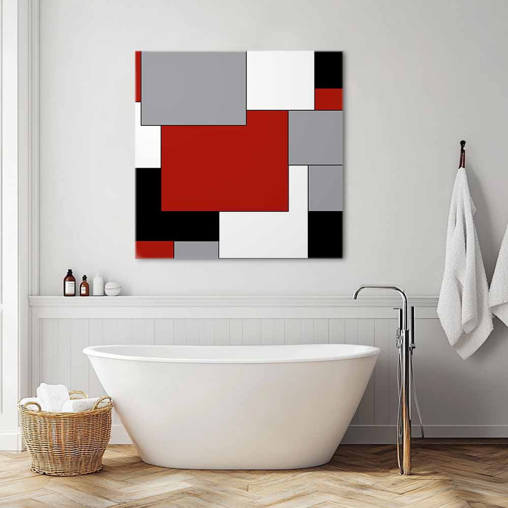 Abstract Art Canvas Wall Art, Patchwork Red Black and Grey Framed Wall Decor Modern Artwork Prints Painting for Living Room, Bedroom, Kitchen & Cafe Decor 16x16 Inch