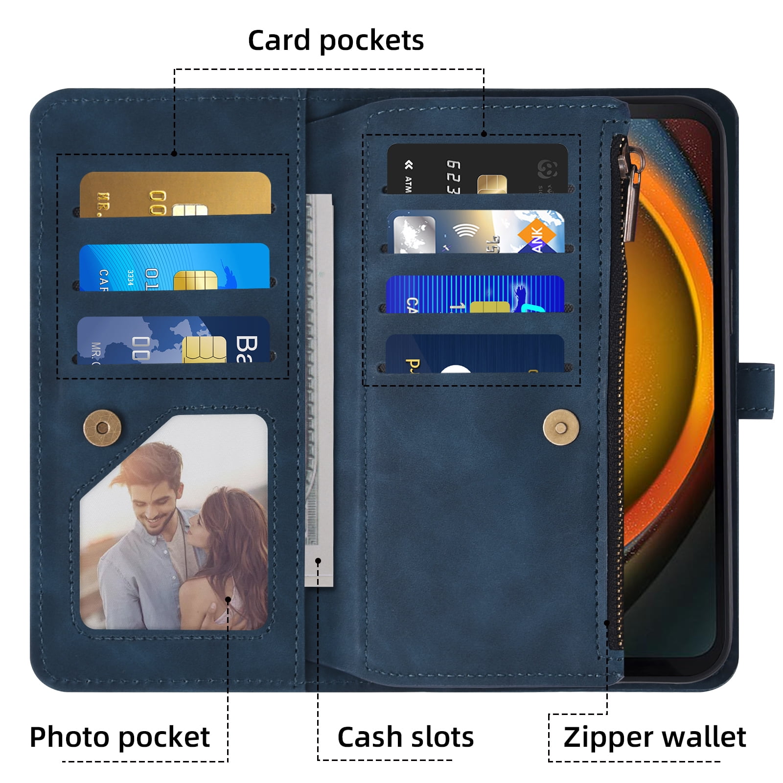 Asuwish Phone Case for Samsung Galaxy Xcover 7 Wallet Cover With Tempered Glass Screen Protector Crossbody Wrist Strap Flip Pattern Zipper Credit Card Holder Stand Slot Cell Xcover7 Women Men Blue