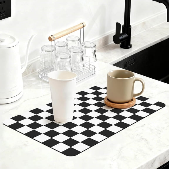 Pekkaxy Checkered Dish Drying Mat for Kitchen Counter, Absorbent Coffee Bar Mat for Espresso Machine Coffee Countertops Accessories