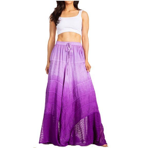 Sakkas Lyra Womens Bohemian Soft Brocade Rayon Tiered Embroidered Flowy Long Skirt - Purple - S/M