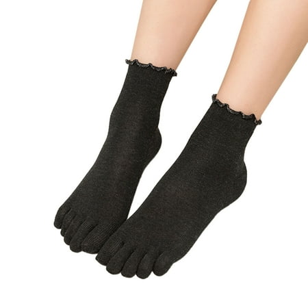 

Japanese Preppy Style Women Girls Split Toes Crew Socks Solid Color Sweet Cute Lettuce Trim Ruffle Turn-Cuff Frilly 5 Finger Separator Ankle Hosiery