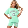 thumbnail image 2 of SGMVNU Girls 2Pcs Clothes Summer Outfits Graphic Letter Print Tee Shirt and Casual Biker Shorts Kids Streetwear Clothing Set, Size 4-5 Years, Light Green, 2 of 3