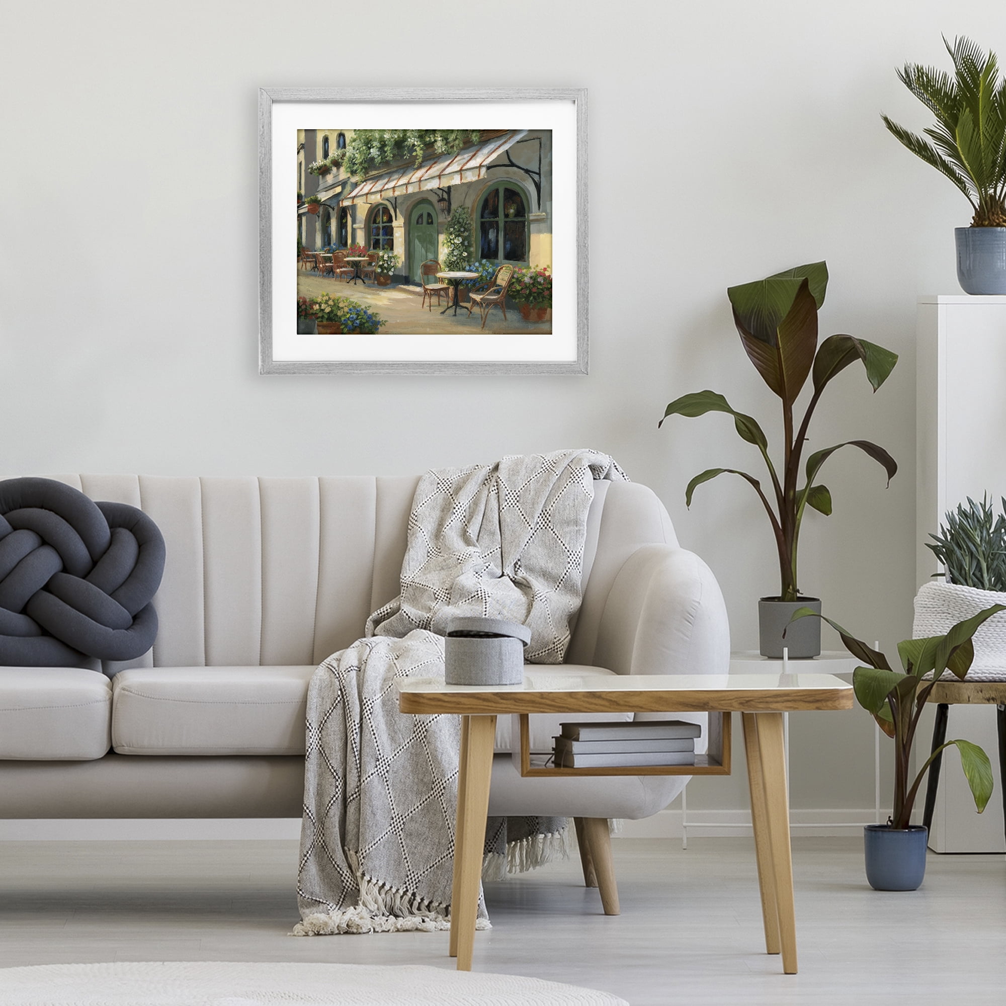 Stupell Industries Cozy Cafe Sunlit Patio Gray Framed Print Under Glass, design by Nan
