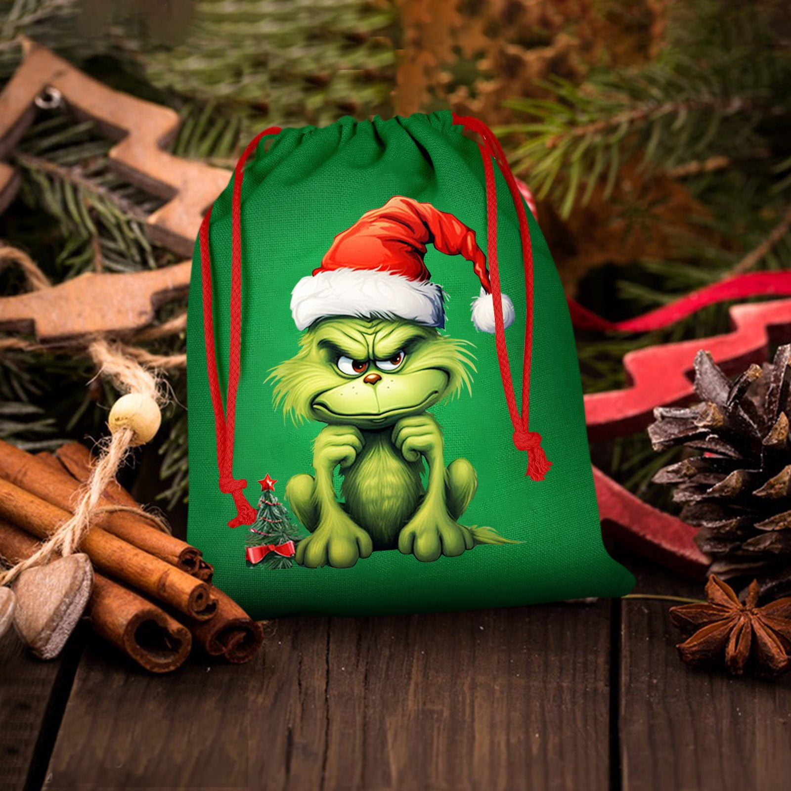 Apepal Grinch Candy Bags Cartoon Green Printing Drawstring Holiday