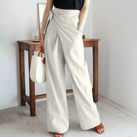 Meichang Women's Casual High Waist Wide Leg Palazzo Pants with Pockets, Gray, L