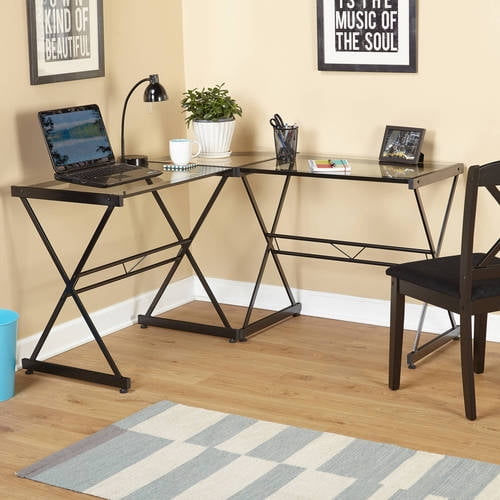 Atrium Metal And Glass L Shaped Computer Desk Multiple Colors