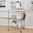 thumbnail image 3 of Kitchen Microwave Cart on Wheels, Wire Rolling Cart with 4 Chrome Hooks, 3 Tier Bakers Rack with Wood Table, Slides Out Shelves, 24L x 18W x 33.5H Inches, Chrome/Wood, 3 of 9