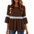 thumbnail image 4 of Lenpel 3/4 Length Sleeve Womens Tops Cotton Linen Crew Neck Fashion Peplum Blouses Casual Loose Eyelet Lace Patchwork Shirts Fall Clothes, 4 of 7