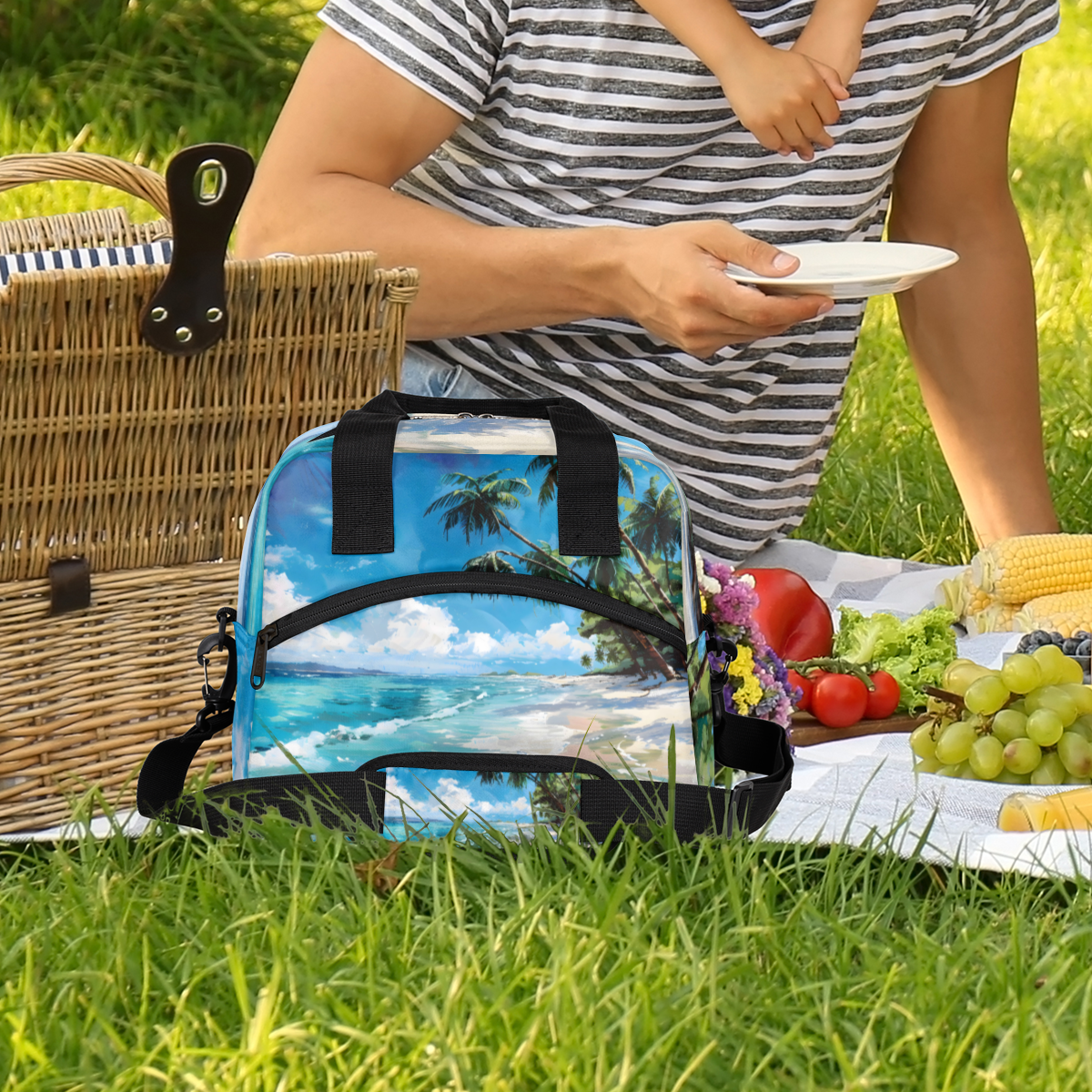 Herdesigns Tropical Beach Hawaiian Palm Trees Insulated Lunch Bag for Women Men Adults Large Reusable Lunch Box Leakproof Portable Cooler Tote Bags with Adjustable Shoulder Strap