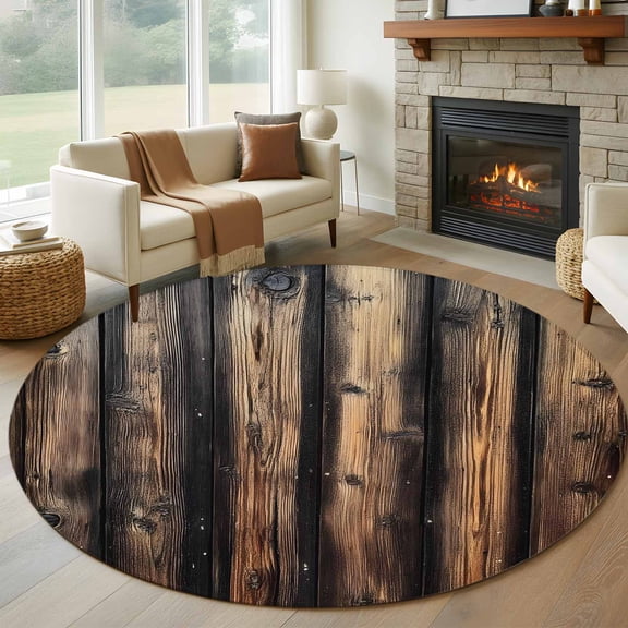 Vintage Wooden Round Rug 5ft Washable Circle Kitchen Rugs Non Slip Farmhouse Retro Black Brown Large Area Rug Indoor Floor Carpet for Bedroom Living Room Home Office Dining Room Nursery