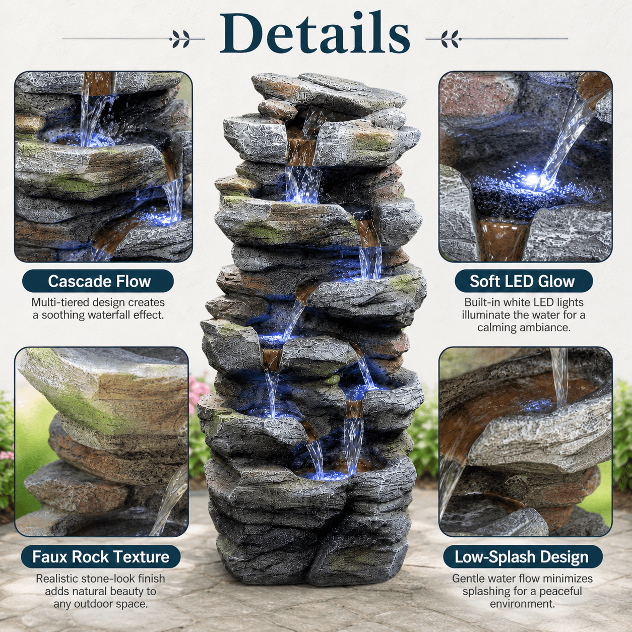 Aukfa Outdoor Rock Water Fountain with LED Lights, Resin Cascading Waterfall Feature for Patio Backyard Lawn,Gray