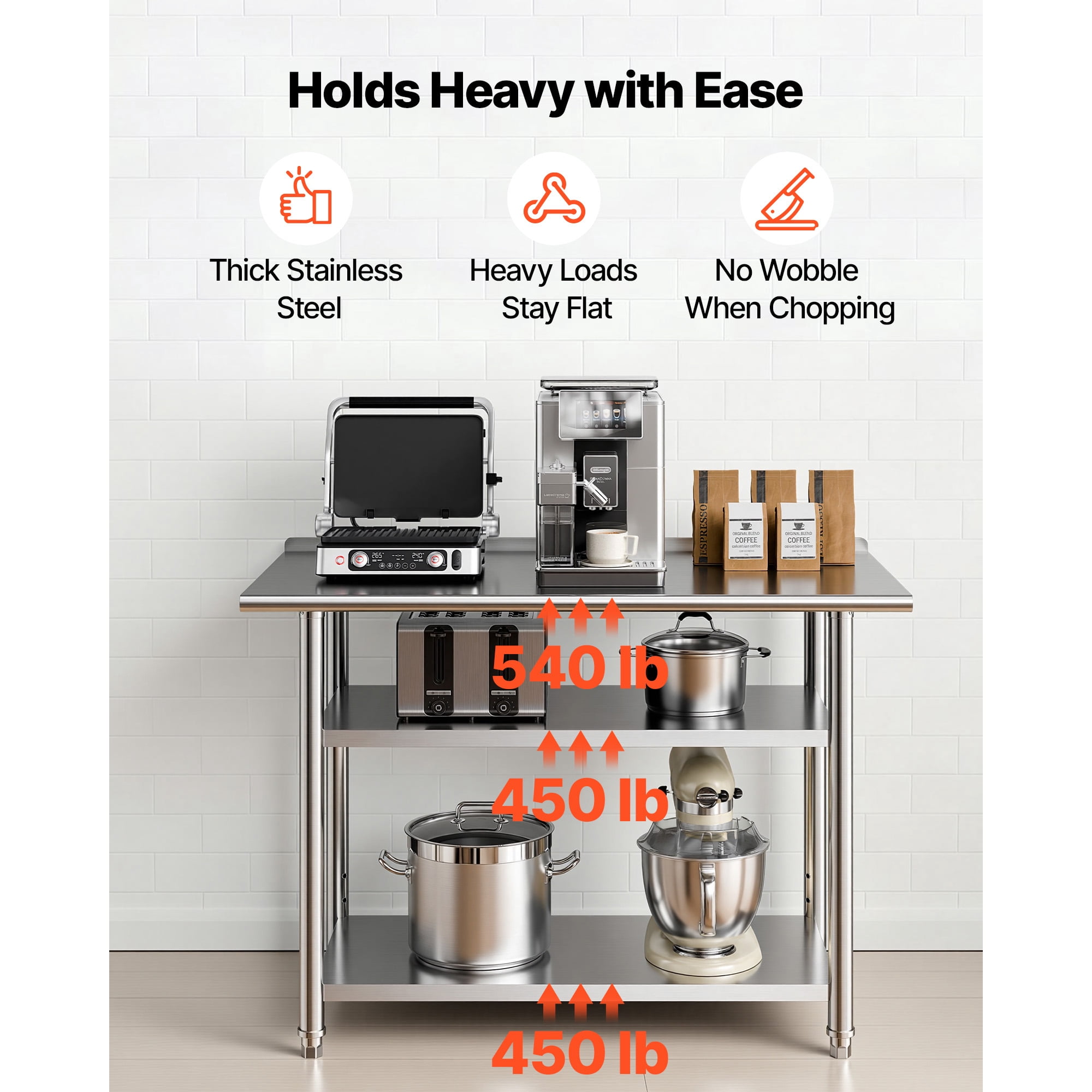 KFFKFF Stainless Steel Work Table, 24x48 Inch Food Prep Station with Dual Shelves and Backsplash, Durable Metal Utility Table for Commercial Kitchens, Home, Hotels, Garages, and Outdoor Use