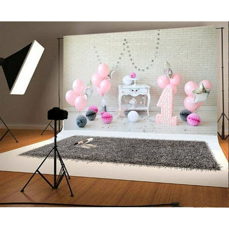 Photography Background Paper HelloDecor Polyster 7x5ft Backdrop Photography Background Balloons Paper Flowers White Brick Wall Newborn Baby Kids 1st Happy Birthday Party Portraits Backdrop Photo Studio Prop ()