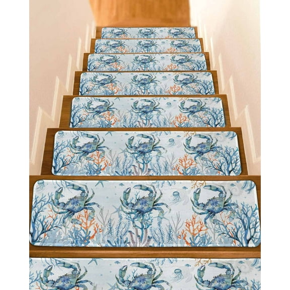 Crab Stair Treads for Wooden Steps Indoor Runner Rug Carpet, Blue Coastal Starfish Ocean Coral Nautical 7 Pieces Peel and Stick Staircase Step Treads Covers Washable Throw Door Mats, 30"x8"