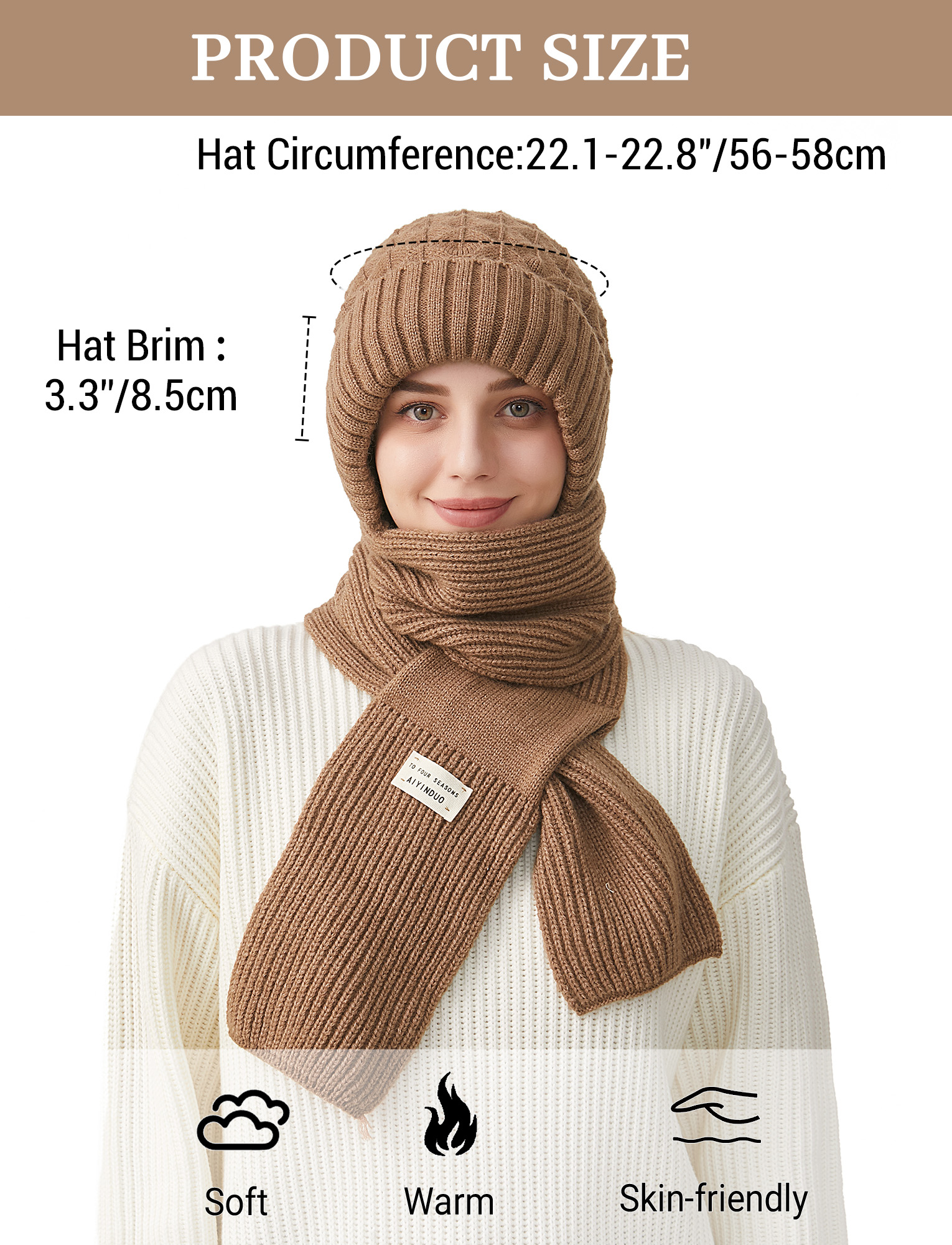 FEOYA Fleece Balaclava Hat Hood Scarf Women Integrated Ear Protection Windproof Cap Scarf One-Piece Hats Scarf Beanie Warm Knitted Ski Scarf Hat Khaki