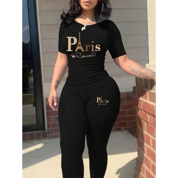 Women 2 Piece Outfit Round Neck Short Sleeve Paris Print T-shirt and High Waist Leggings Set