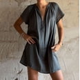 thumbnail image 2 of Amzcrzy Robes pour Femmes Grande Taille Robes P-5TG Tendance Couleur Unie Robes d'Été pour Femmes Col en V Manches Courtes Robe d'Été Décontractée Plissée Surdimensionnée Mini-Robe, 2 of 8