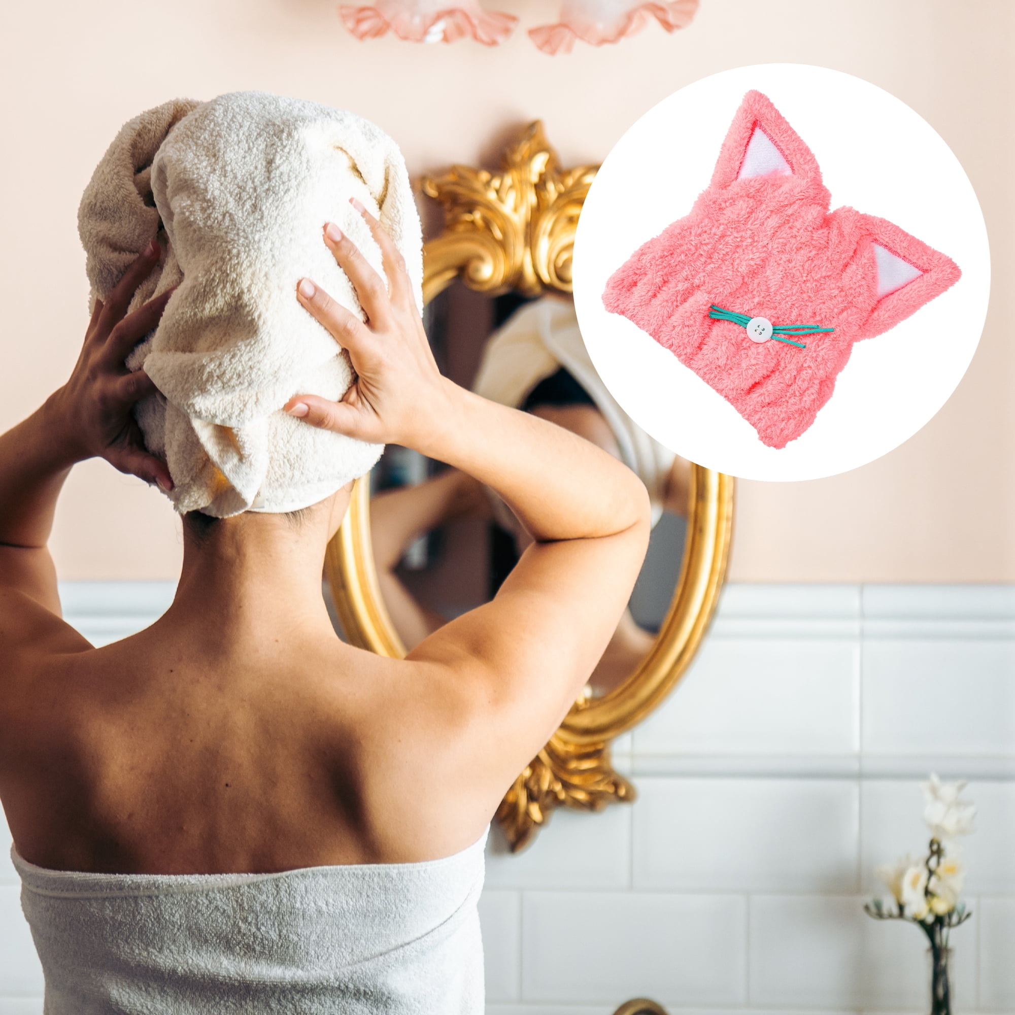 Unique Bargains Kitty Shape Cute Hair Drying Towel Dry Cap 1 Pc Pink