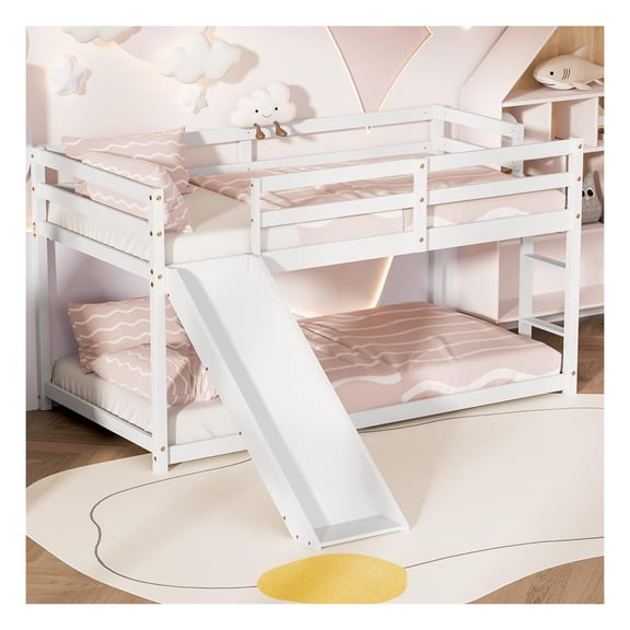 Low Bunk Bed with Slide, Twin Over Twin Loft Bed w/Climbing Ladder