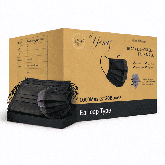 2000 Disposable Face Masks 2,000 Protective 3-Ply Breathable Comfortable Nose/Mouth Coverings for Home & Office | Elastic Ear Loop 3-Layer Safety Shield for Adults (Dark Black-2000pcs)