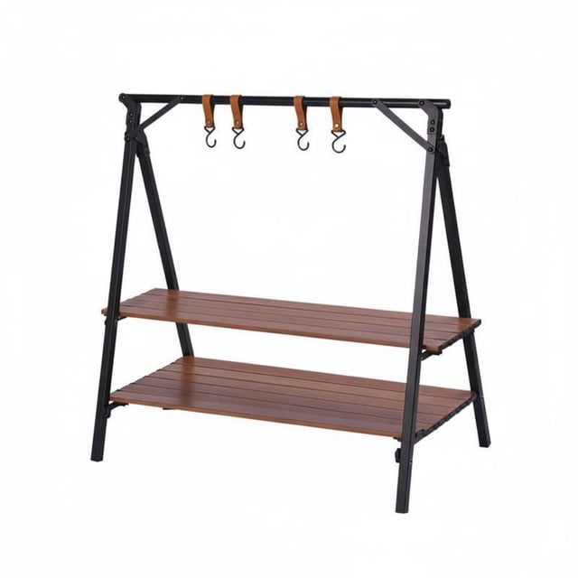 twisto Foldable Tripod Hanging Rack Stable Structure Foldable Triangle Rack Wood Grain Finish Tripod Storage Shelf for Backyard