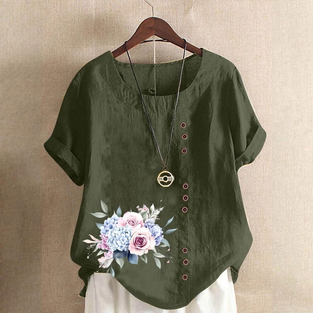 Staron Liquidation Chemises d'Été pour Femmes 2025 Manches Courtes Retroussées Coupe Ample Tunique Chic Coton Lin Col Rond Hauts Tendance Chemises Décontractées d'Été T-Shirts à Imprimé Floral