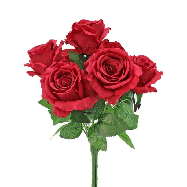 Mylin Bush Ramo de Rosas Grande Finas Flores Artificiales con 7 Botones Color Rojo Fantasias Miguel Art-4565
