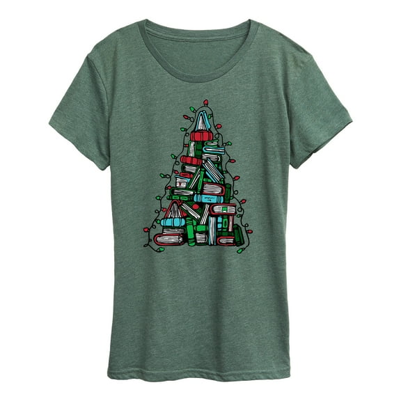 Instant Message - Stacked Books Christmas Tree - Women's Short Sleeve Graphic T-Shirt