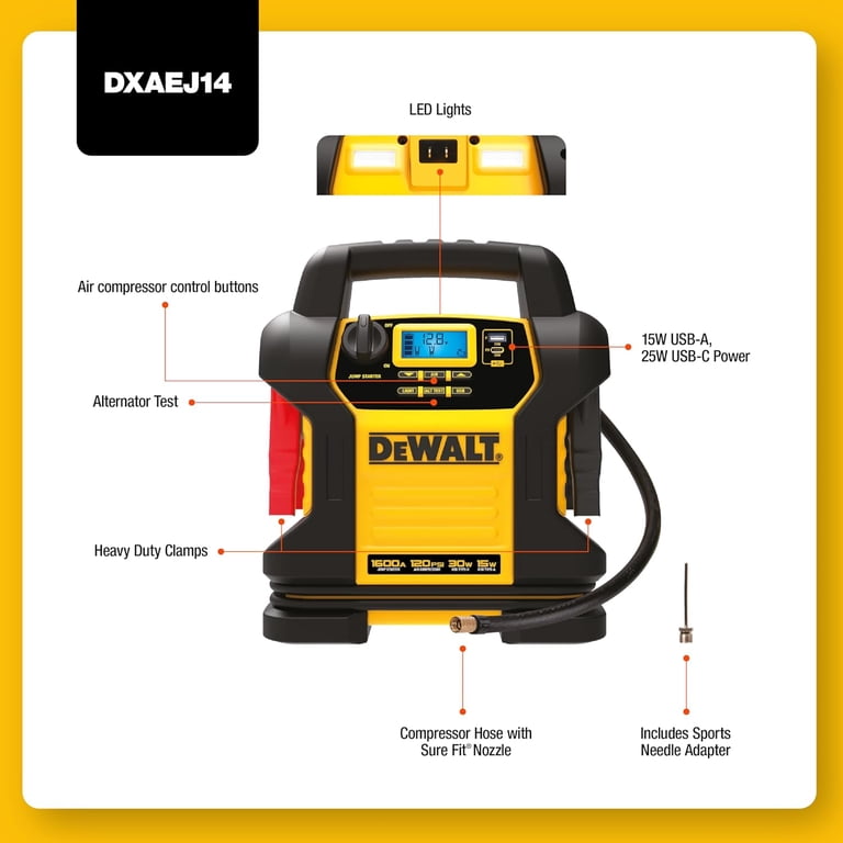 DEWALT Digital Power Station Jump Starter, 1600 Peak Amps, 120 PSI  Compressor, USB Power Bank - Walmart.com