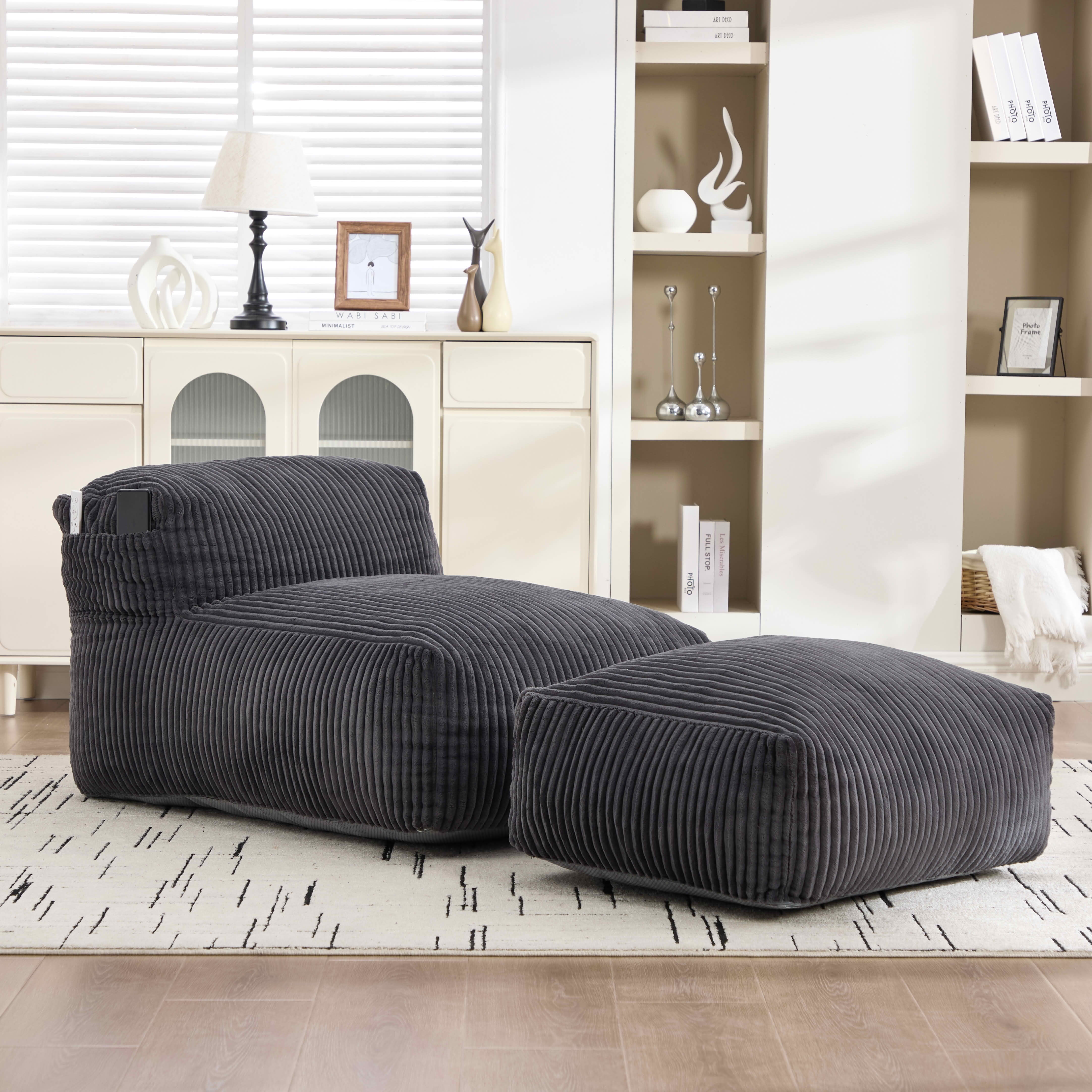 MAYEERTY Bean Bag Chair for Adults, Cozy Corduroy Lounger with High-Density Foam, No Assembly, Dark Gray