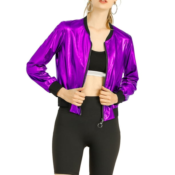 CHAQUETA BOMBER CORTA METÁLICA CON CUELLO ALTO PARA MUJERES INSPIRADA EN CHIC TALLA 2XL PÚRPURA OSCURO