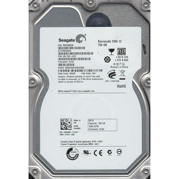 ST3750528AS, 5VP, WU, PN 9SL153-033, FW CC44, Seagate 750GB SATA 3.5 Hard Drive