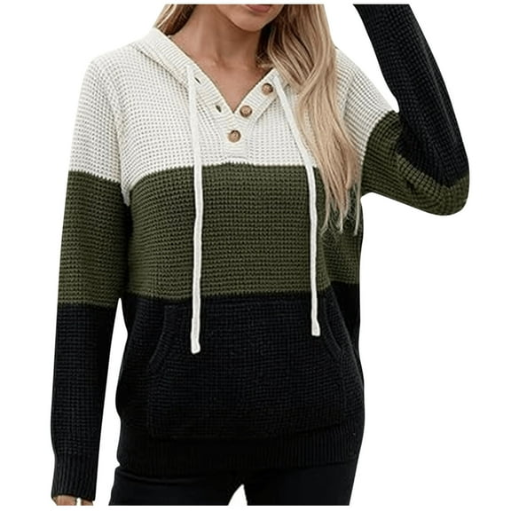 XPMWRP Women's Striped Hoodies Sweatshirts Knit V Neck Tops Oversized Fashion Pullover Casual Long Sleeve Shirts with Pockets Green XL