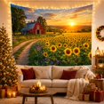 thumbnail image 3 of Red Barn and Sunflower Field in Pastoral Sunrise, Dreamy Impressionist for Nature Lovers, Scenic Countryside Art, Thanksgiving Gift, Tapestry Wall Hanging for Living Room and Dorm, 3 of 7