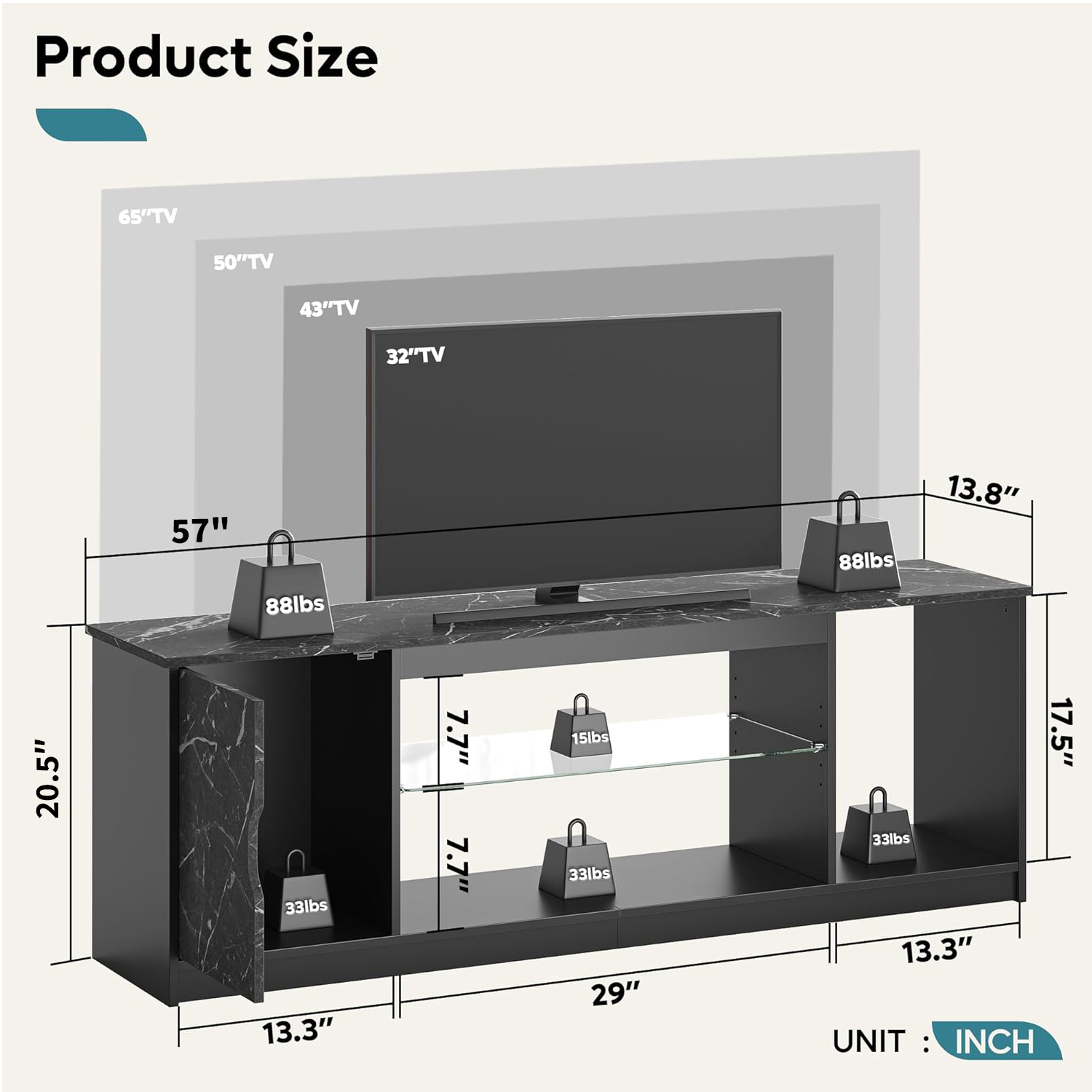 Bestier LED TV Stand for 65" TV, Black Marble photo 2