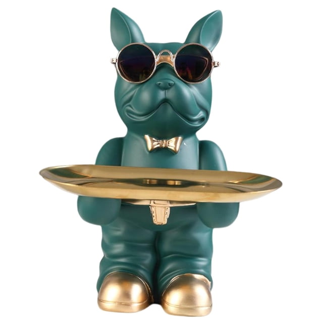 Estatua de escultura de perro con bandeja y llavero para pasillo, mesa, sala de estar y hogar. B-Verde