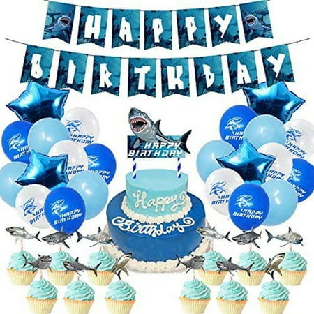 TOP.H Beautiful Shark Theme Party Supplies Birthday Flags Cake Inserts Balloon Set Birthday Supplies Decoration